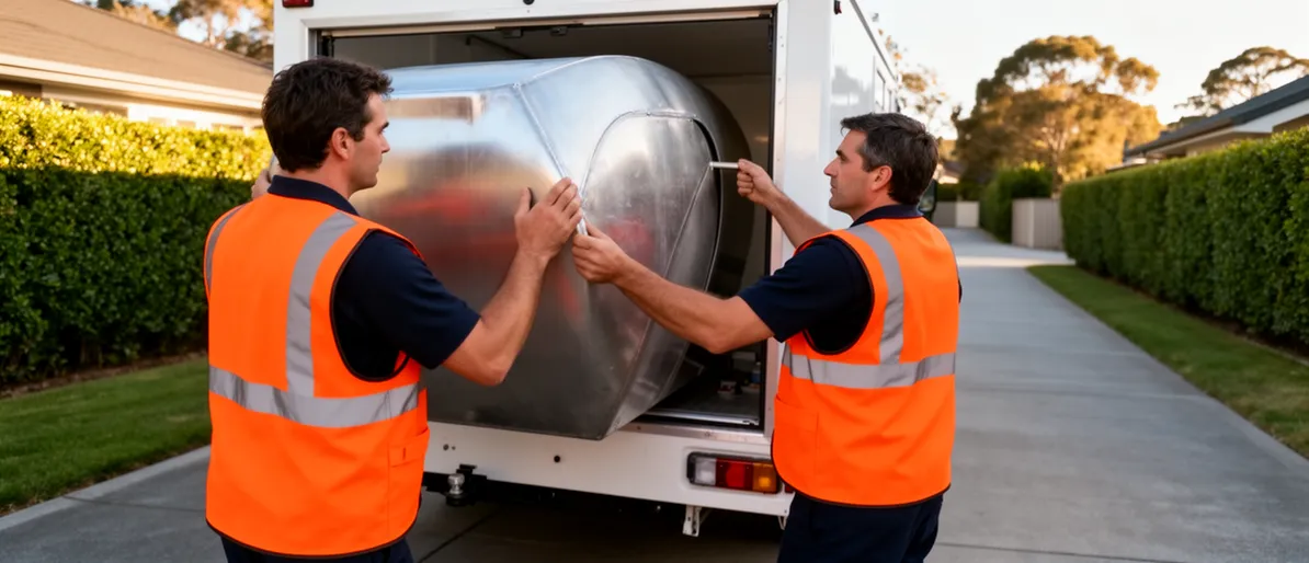 Zwei Arbeiter in orangefarbenen Westen laden einen großen Metalltank auf ein weißes Fahrzeug an einer Einfahrt.