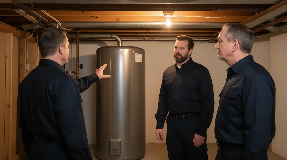 Zwei Techniker in dunkler Uniform beraten einen Hausbesitzer in einem Keller neben einem großen Metall-Öltank.
