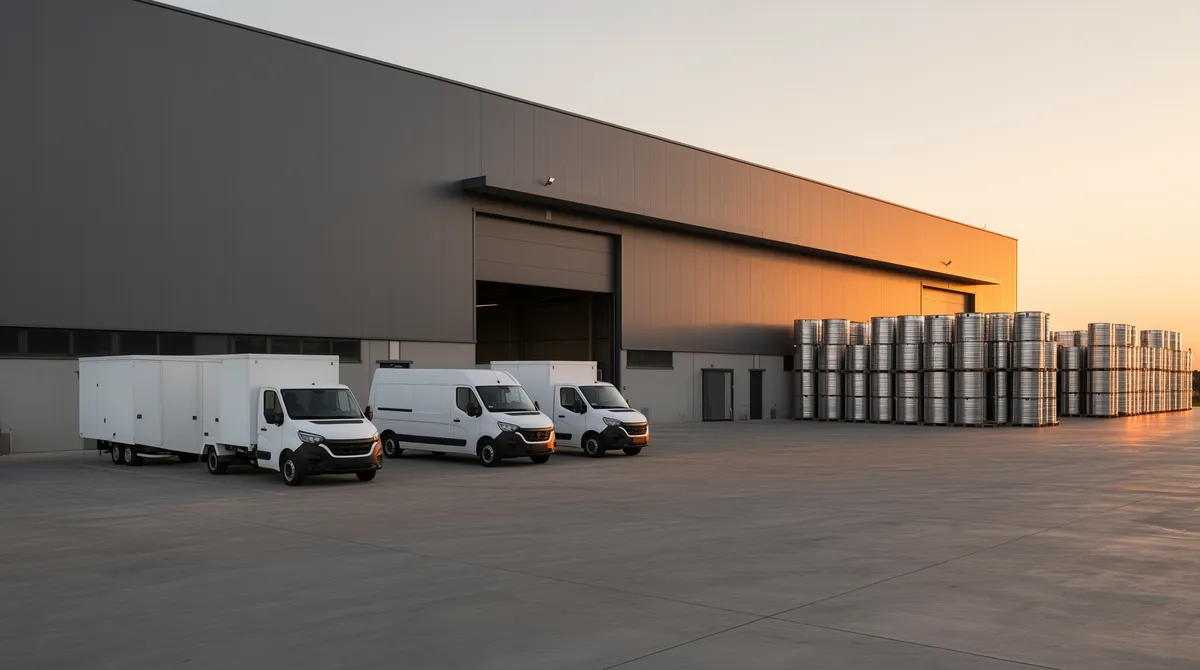Ein modernes Industrielagerhaus mit unmarkierten weißen Nutzfahrzeugen, offenen Toren und Metallcontainern.