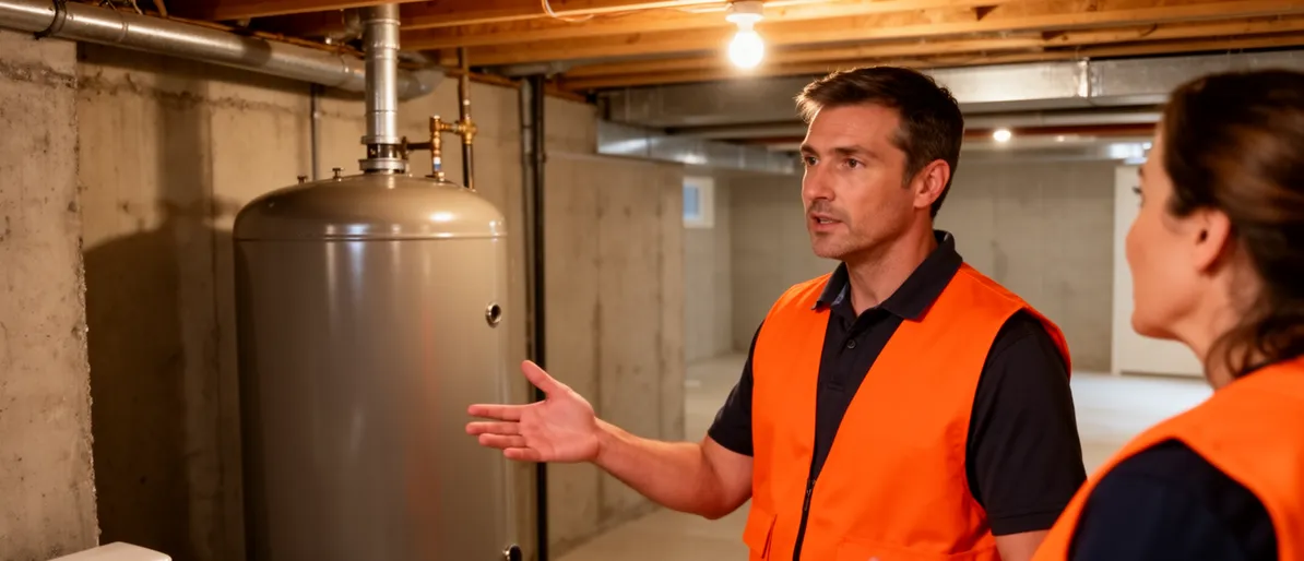 Ein Berater in oranger Weste zeigt im Keller auf einen Metall-Öltank und spricht mit einem Hausbesitzer.