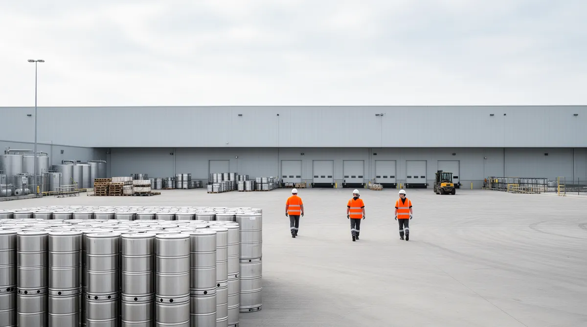 Arbeiter in orangen Westen gehen über einen Industriehof mit gestapelten zylindrischen Metalltanks und klarem Himmel.