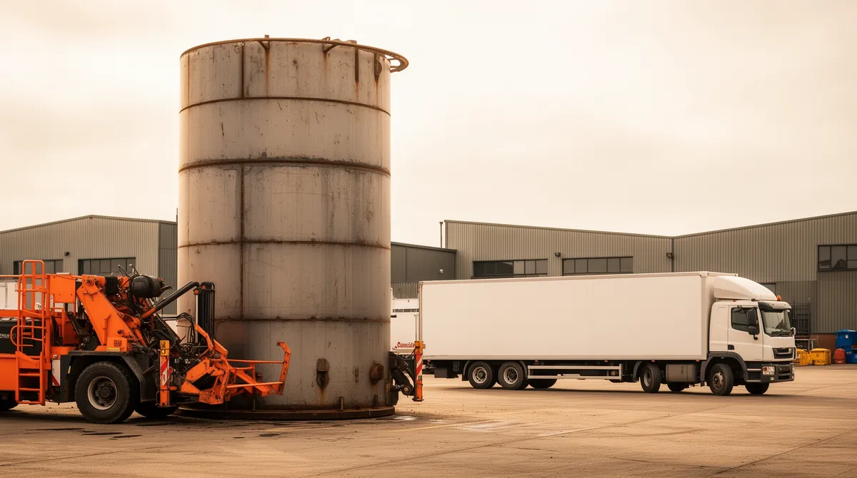 Großer zylindrischer Öltank neben Demontagegerät auf einem Industrieplatz mit Lagerhalle und Transporter.
