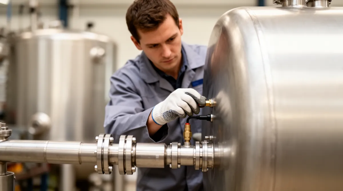Ein Techniker in Schutzkleidung führt eine präzise Verbindung an einem großen Industrietank durch.