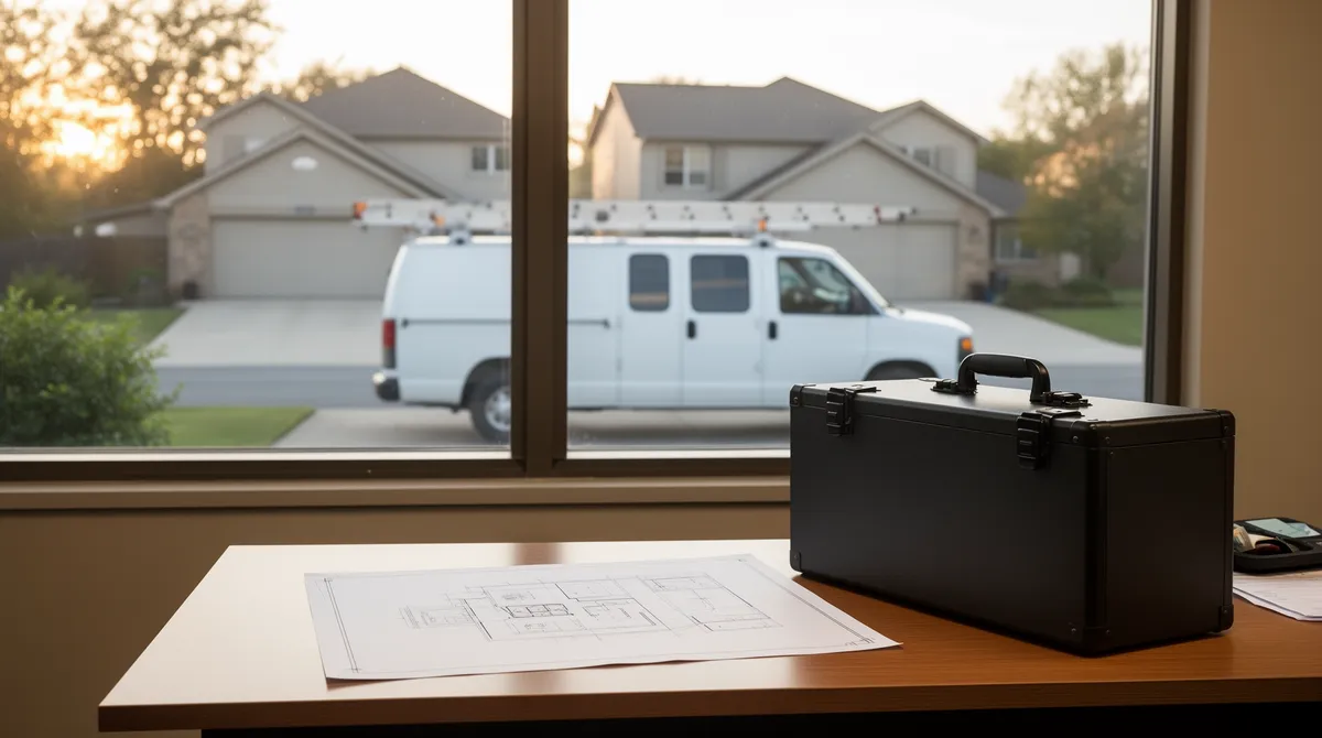 Ein aufgeräumtes Büro mit Schreibtisch, Werkzeugkoffer und Bauplan vor einem Fenster mit Blick auf ein Wohnviertel.