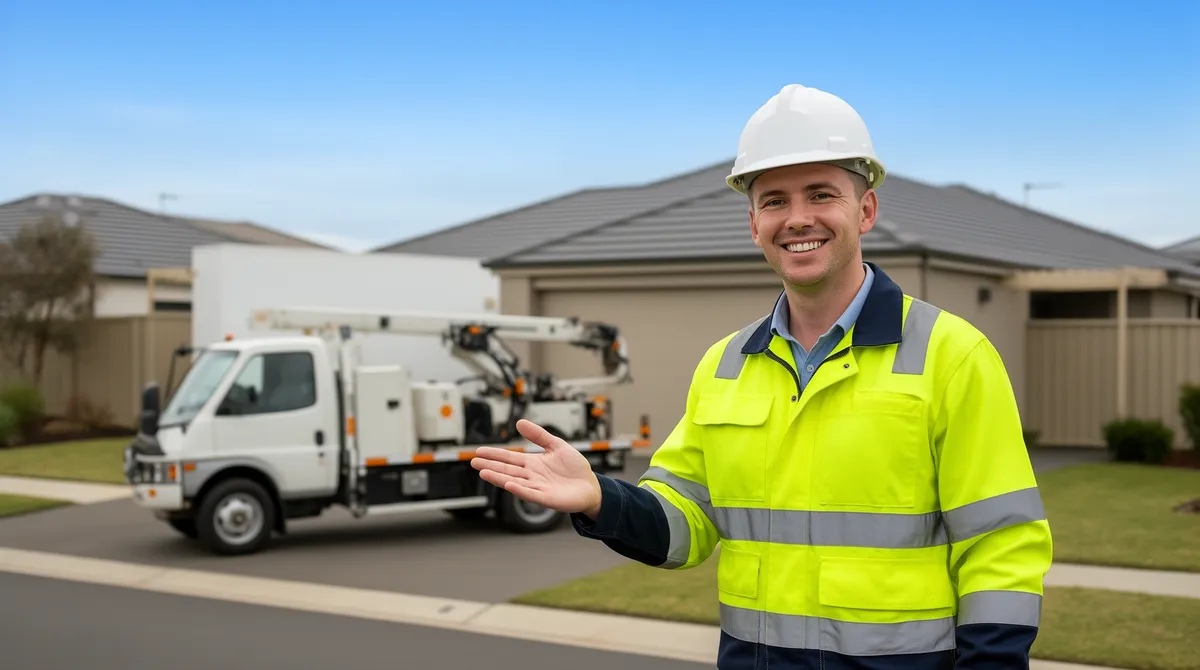 Ein Arbeiter in Warnkleidung lächelt und winkt vor einem Servicelaster an einem Wohnhaus.