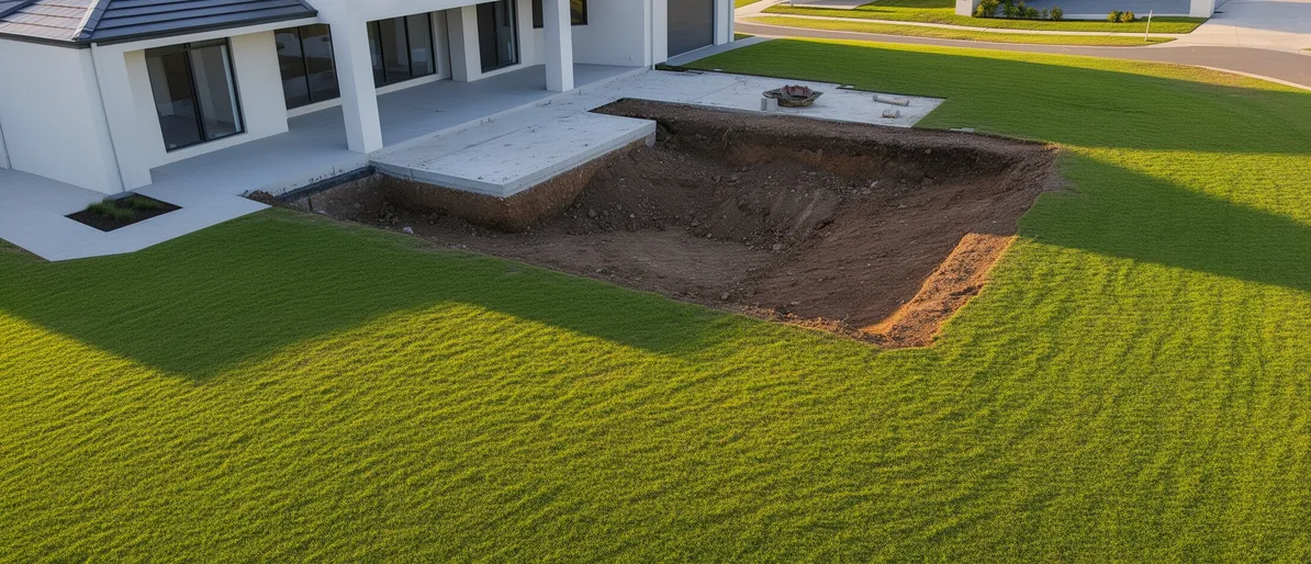 Eine moderne Villa mit perfekt versiegelter Baugrube auf einem gepflegten Rasen bei Nachmittagslicht.