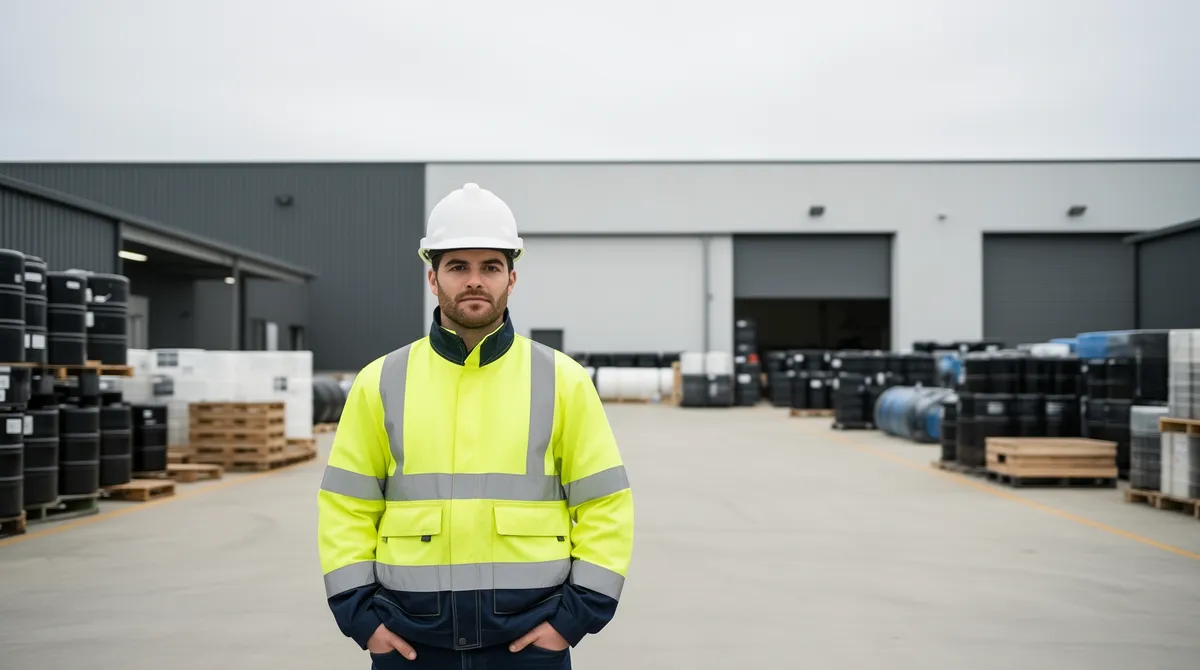 Ein Techniker in Sicherheitsausrüstung steht in einem sauberen Industriehof vor Werkstattgebäuden.