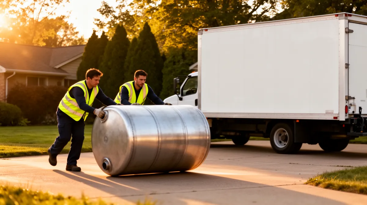 Zwei Arbeiter in Warnwesten rollen einen zylindrischen Metalltank über eine Einfahrt zu einem weißen Transporter.