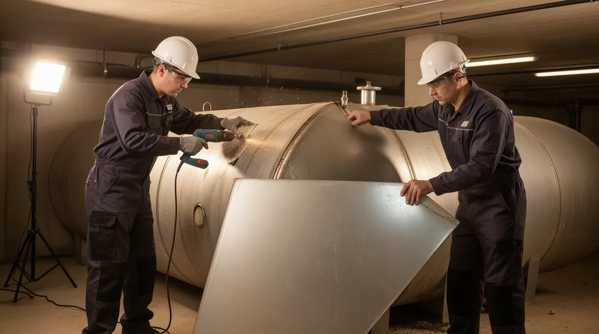 Zwei Arbeiter mit Helmen zerlegen einen zylindrischen Öltank im Keller. Einer schneidet Metall, der andere hält ein Paneel.