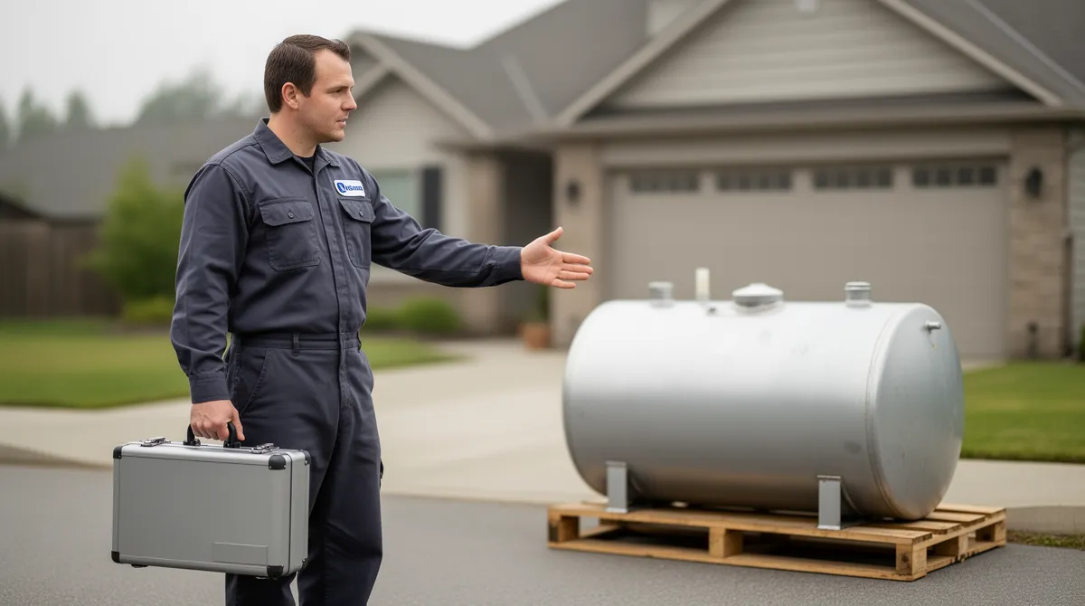 Ein Techniker in Uniform steht auf einer Auffahrt und zeigt auf einen Stahltank vor einem Haus.