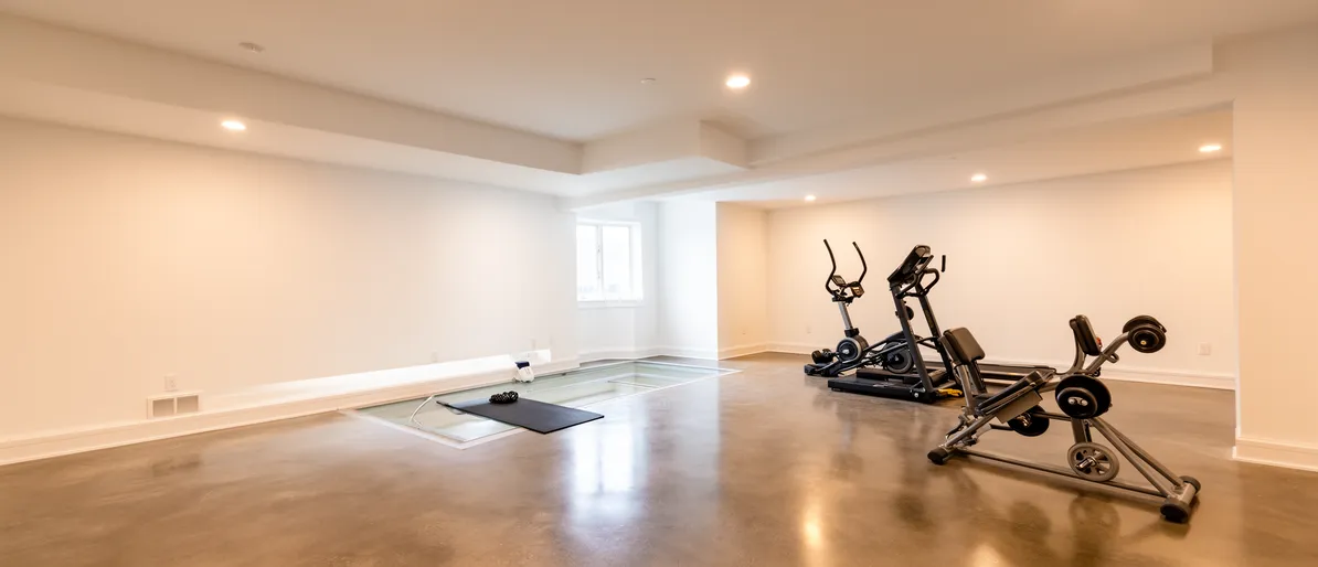 Heller moderner Heimfitnessraum im Keller mit Trainingsgeräten auf poliertem Betonboden und weißen Wänden.