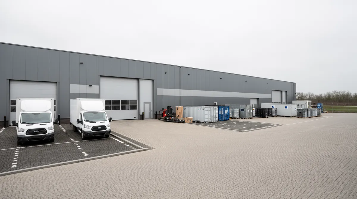 Moderne Industrieanlage mit großen Toren, weißen Transportern und Containern auf gepflastertem Hof.
