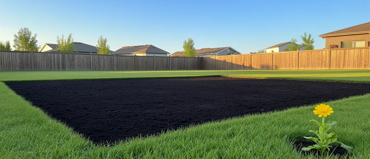 Ein gepflegter Garten mit frischer Erde an einer Stelle, wo ein Öltank entfernt wurde, umgeben von grünem Rasen.