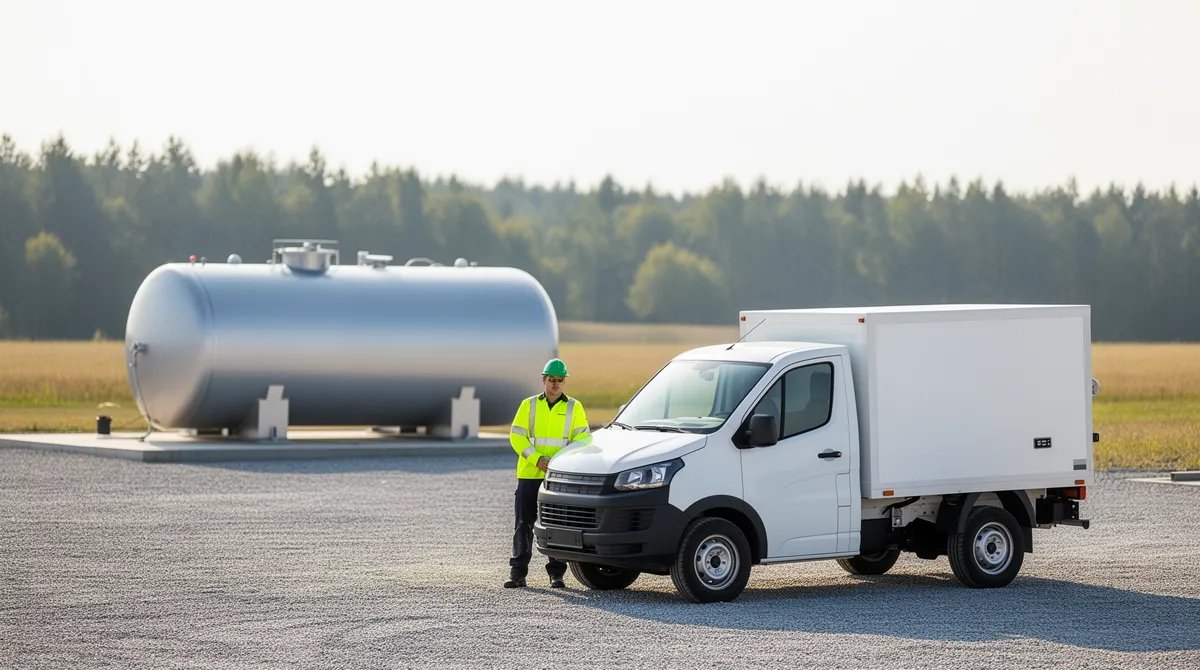 Ein Arbeiter in Warnweste steht neben einem weißen Servicetruck vor einem großen Brennstofftank auf einem Kiesgelände.