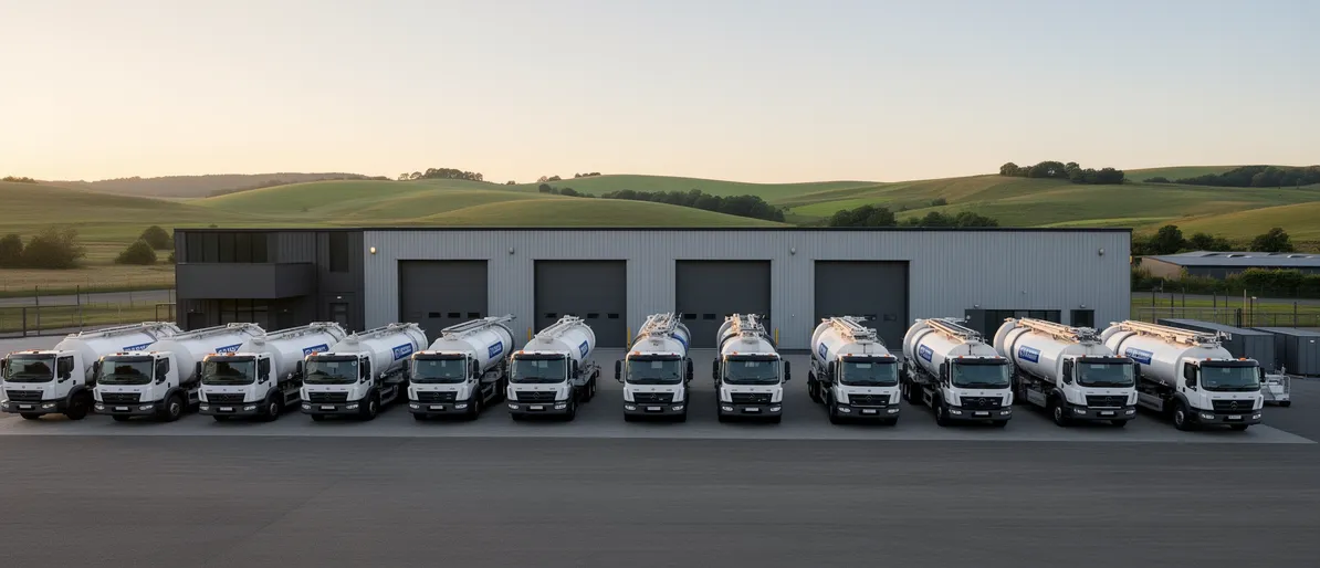 Saubere Tankwagen und Servicefahrzeuge stehen vor einem modernen Industriegebäude in einer hügeligen Morgendämmerung.