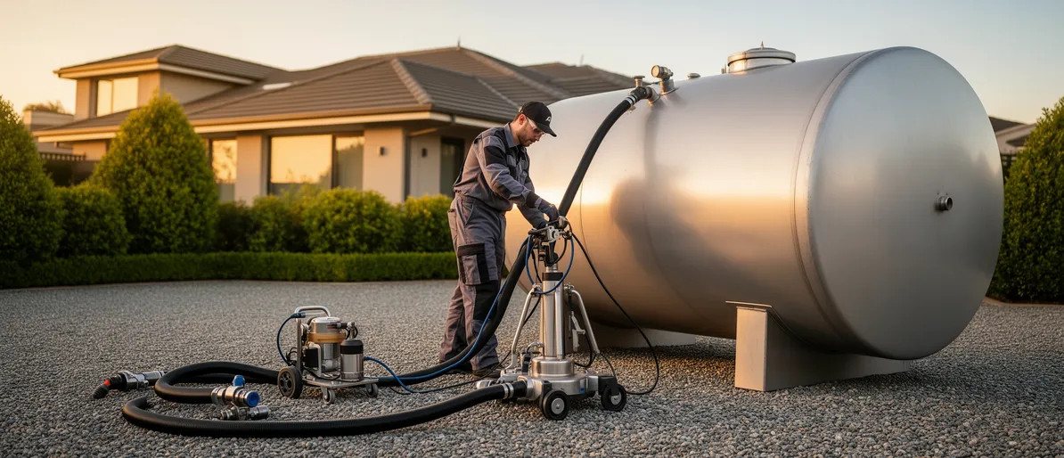 Ein Techniker in Schutzkleidung bedient eine Saugvorrichtung an einem Stahltank in einer Einfahrt zur goldenen Stunde.