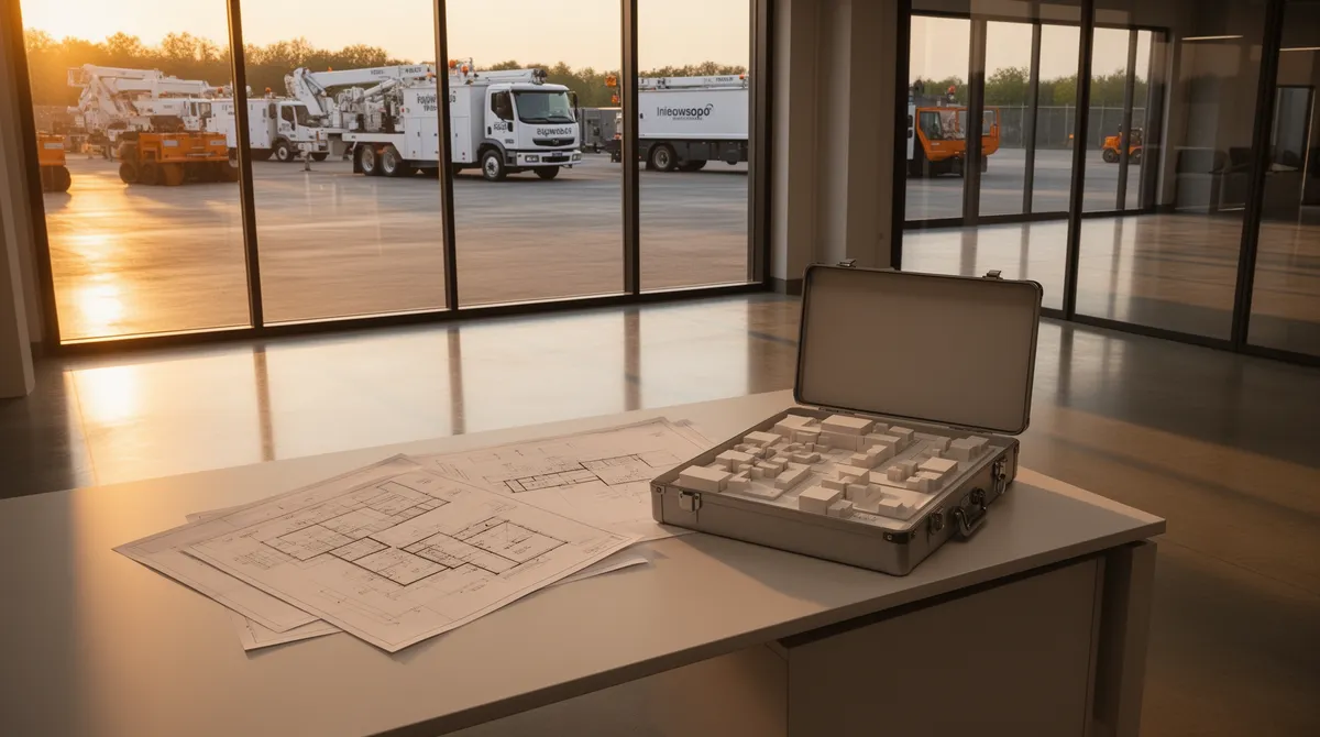 Ein modernes Büro mit sauberem Schreibtisch, Architekturplänen und einem Werkzeugkoffer vor einem sonnenbeschienenen Fenster.