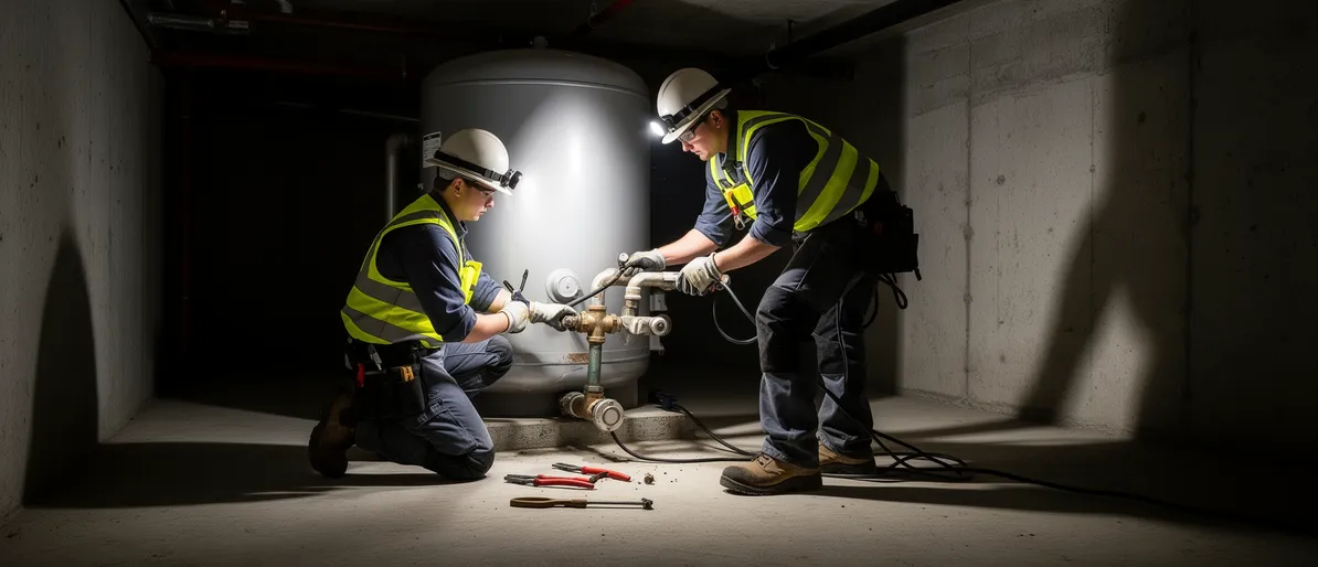 Zwei Techniker in Schutzkleidung lösen Rohre von einem stillgelegten Heizöltank im Keller.