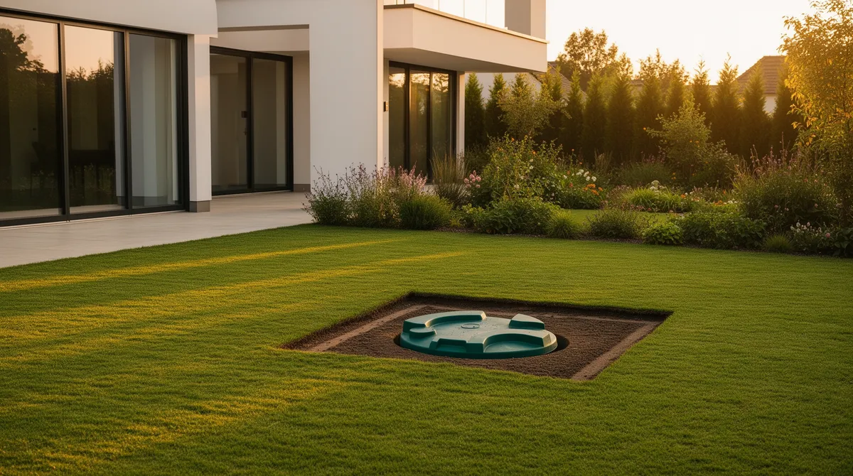 Ein modernes Wohnhaus bei Sonnenuntergang mit makellosem Rasen und reifem Garten im Hintergrund.