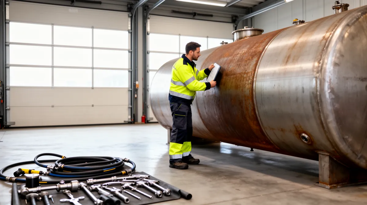 Ein Arbeiter in Warnkleidung prüft einen großen Metalltank in einer hellen Industriehalle.