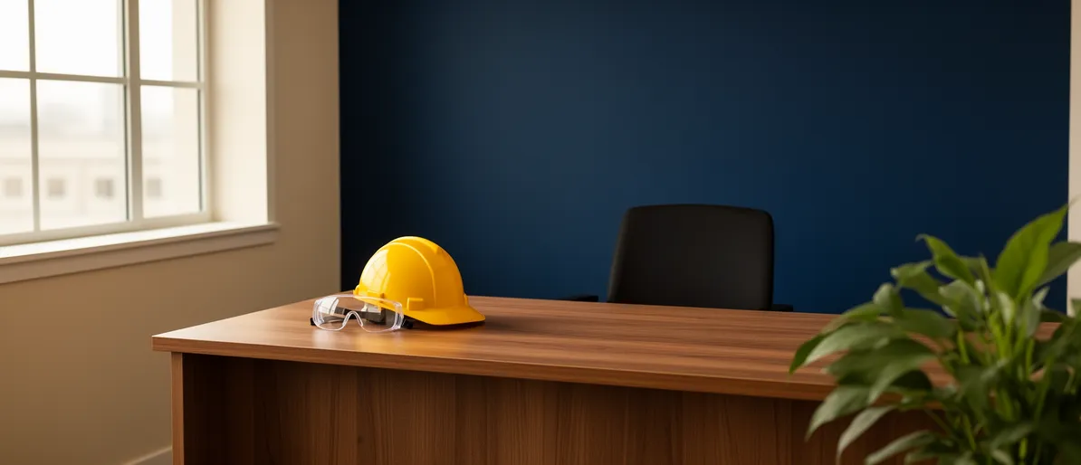 Sauberes Büro mit dunkelblauer Wand, Holztisch, gelbem Schutzhelm, Schutzbrille und Topfpflanze.