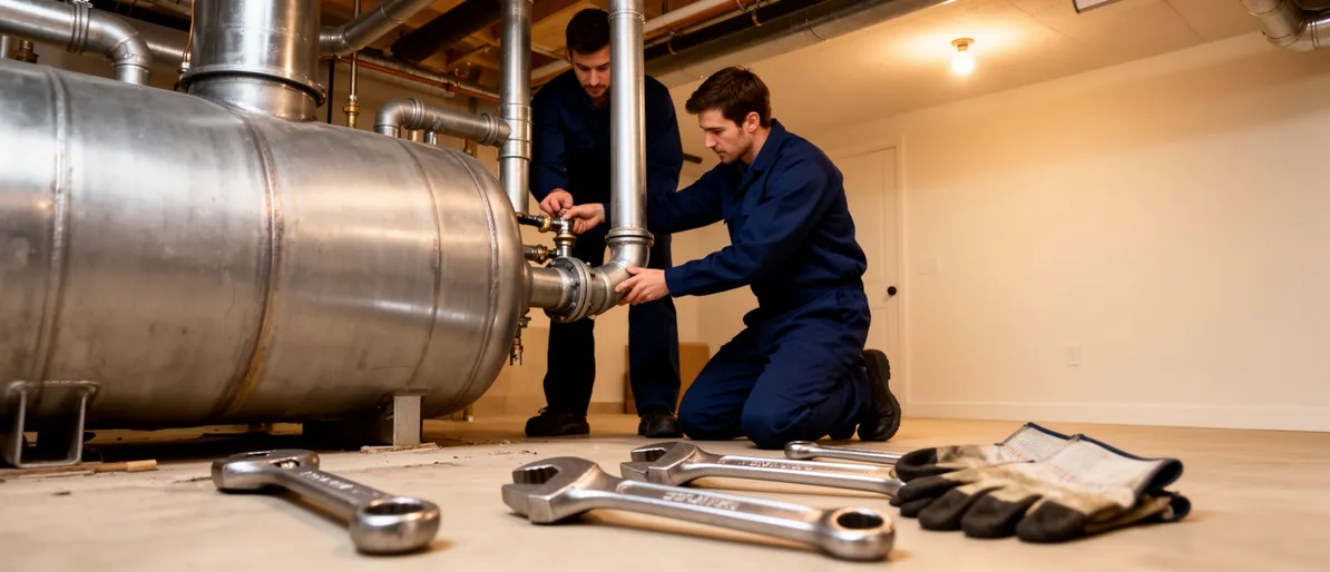 Zwei Arbeiter in dunkelblauer Kleidung lösen Metallrohre von einem Öltank im Keller, Werkzeug im Vordergrund.