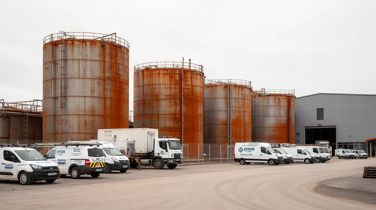 Tankentsorgungsanlage mit großen zylindrischen Öltanks, Servicefahrzeugen und Werkstattgebäuden.