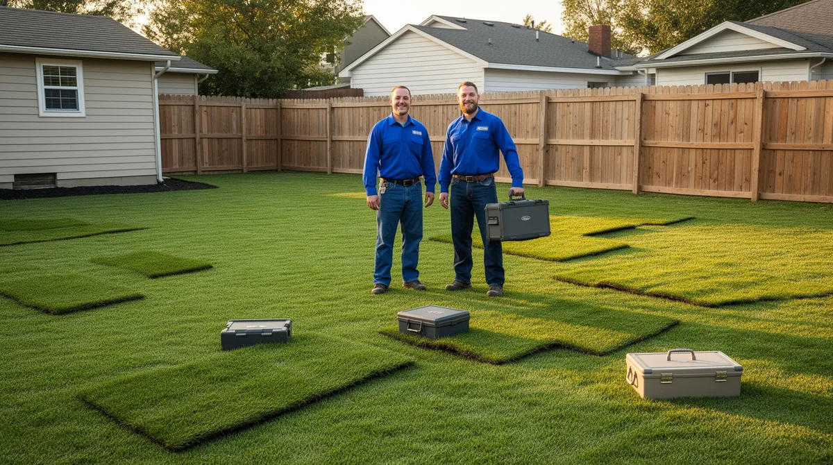Ein gepflegter Garten mit frischem Rasen, zwei Arbeiter in blauen Uniformen im Hintergrund.