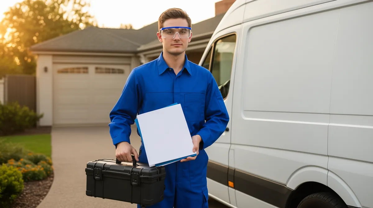 Ein Techniker in blauen Overalls steht mit einer Mappe neben einem weißen Transporter auf einer Einfahrt.