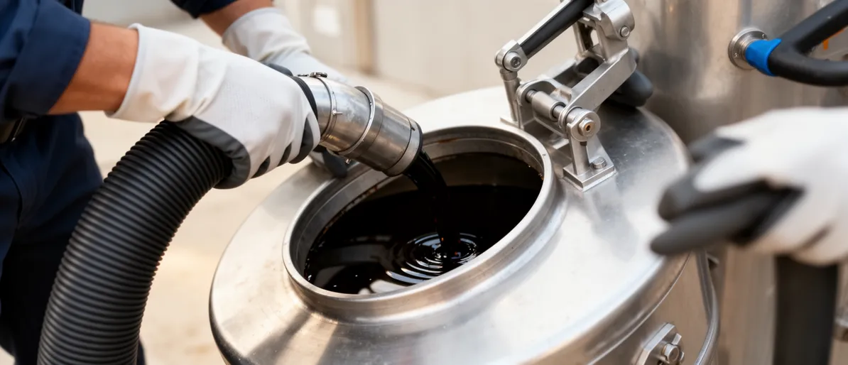 Ein Arbeiter mit Schutzhandschuhen bedient einen Industrie-Staubsaugerschlauch, der dunkle Flüssigkeit aus einem