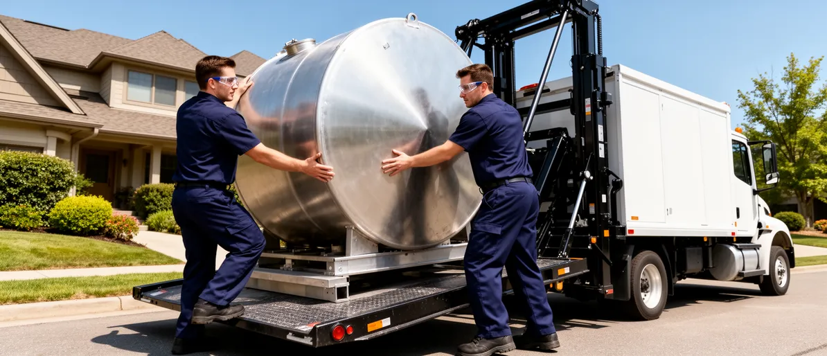 Zwei Techniker in blauer Arbeitskleidung laden einen Metalltank auf einen Hubwagen vor einem Wohnhaus.