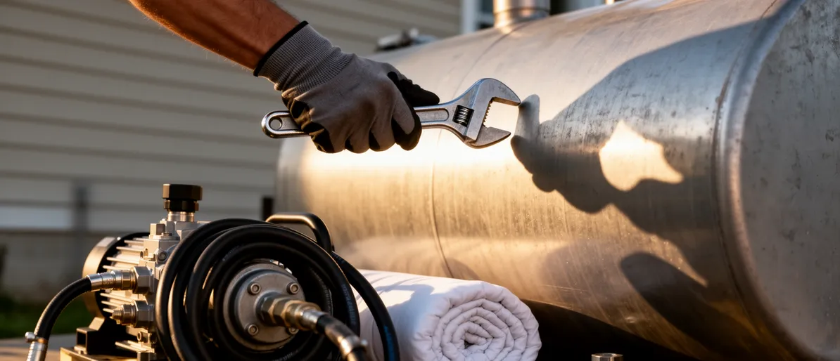 Eine behandschuhte Hand hält einen Schraubenschlüssel an einem großen Metalltank, umgeben von Industriegeräten.