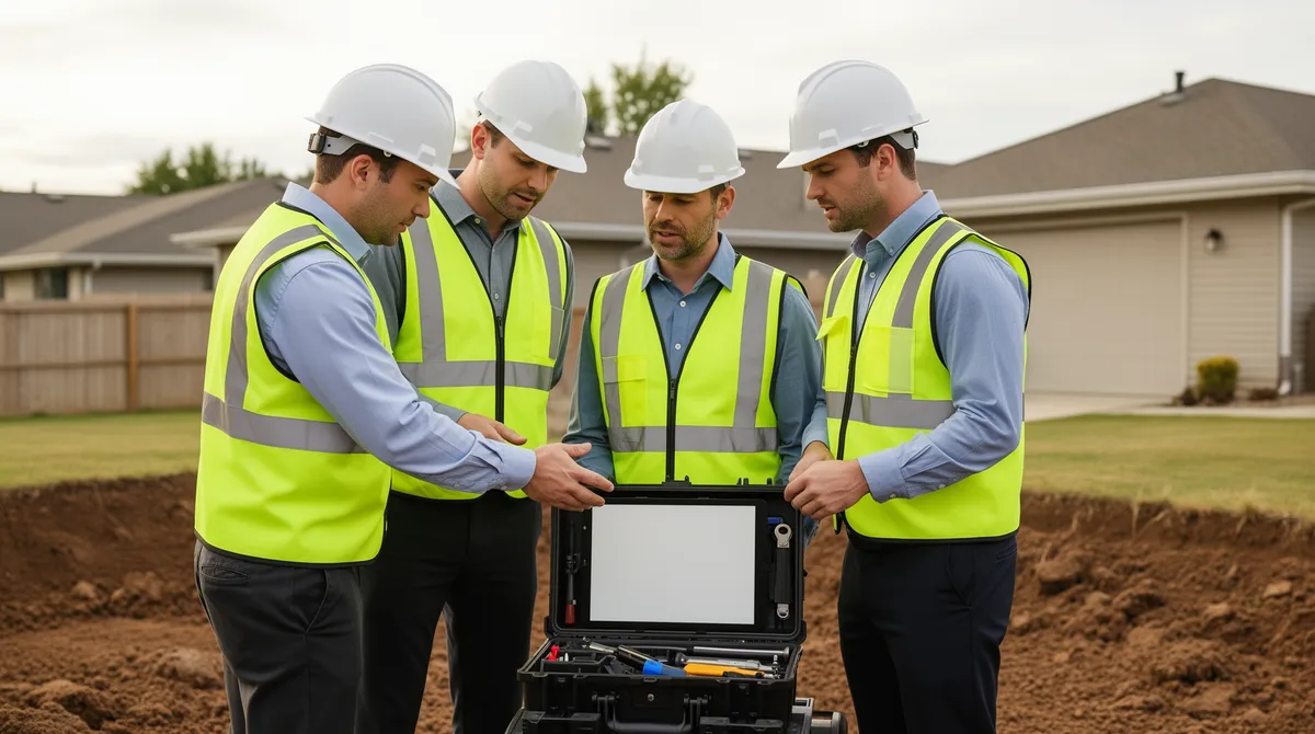 Ein Team in Sicherheitswesten und Helmen berät sich über einen Werkzeugkoffer auf einer Baustelle.