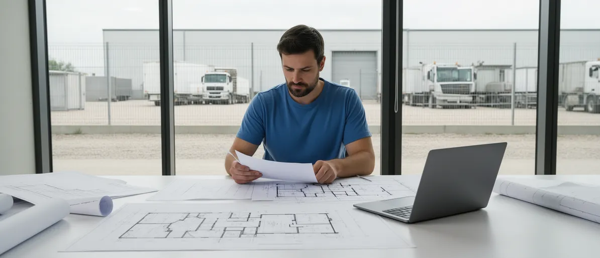 Ein Projektmanager prüft Unterlagen an einem aufgeräumten Schreibtisch mit Blick auf ein Industriegelände.