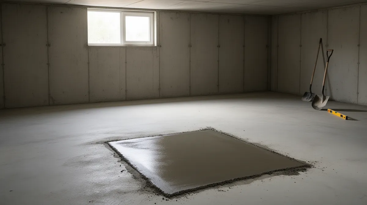 Ein leerer Betonkeller mit weichem Tageslicht und einer frisch gegossenen Betonstelle am Boden