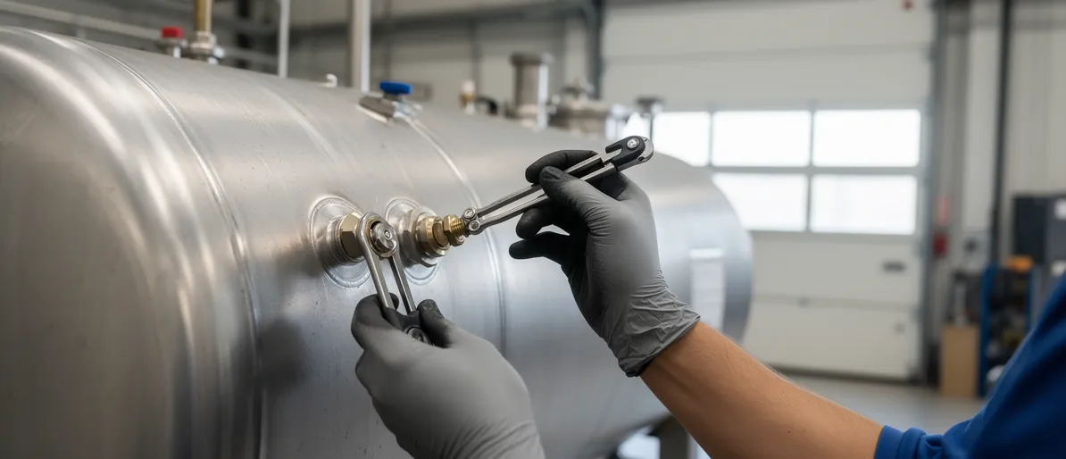 Ein Techniker in Handschuhen löst mit Werkzeugen Verbindungen an einem großen Metalltank in einer Industriehalle.
