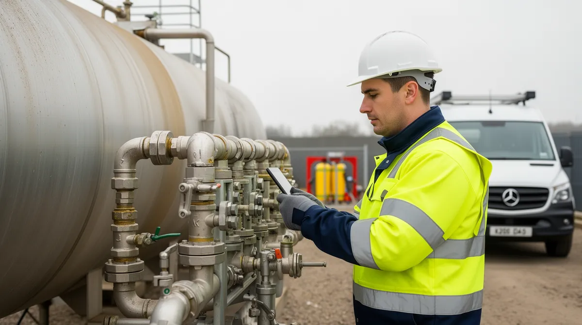 Ein Techniker in Sicherheitsausrüstung überprüft ein Ventilgestänge an einem stillgelegten Industrietank.