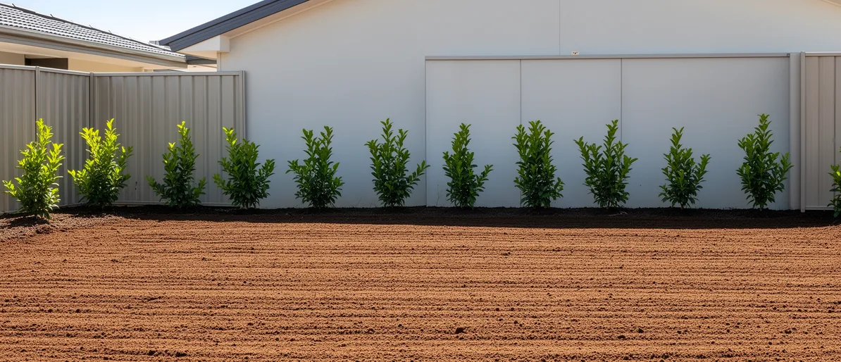 Frisch restaurierter Garten mit ebenem Erdreich, kleinen Sträuchern am Zaun und Hauswand im Hintergrund.