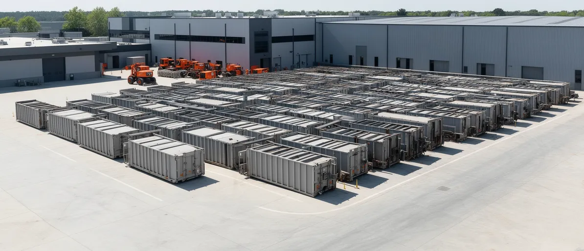 Industrielle Entsorgungsanlage mit ordentlichen Metallcontainern auf Betonplatz und Industriegebäuden.