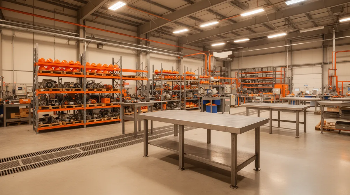 Industriewerkstatt mit Betonboden, Metallregalen, orangen Helmen, Stahlwerkbank und Lagerhalle im Hintergrund.