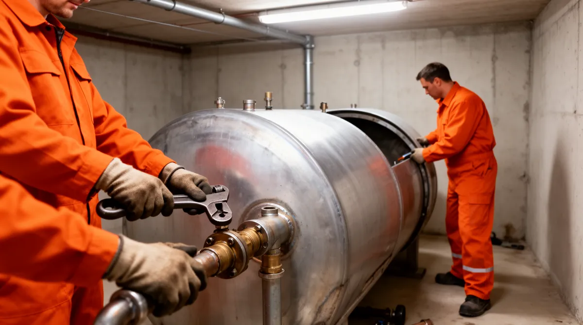 Zwei Facharbeiter in orangefarbener Kleidung demontieren einen großen Metall-Heizöltank in einem Hauskeller.
