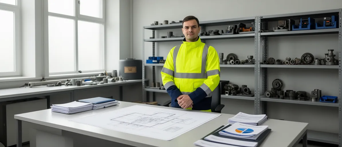 Ein Techniker in Sicherheitskleidung steht in einem sauberen Industriebüro vor einem Schreibtisch mit Plänen.