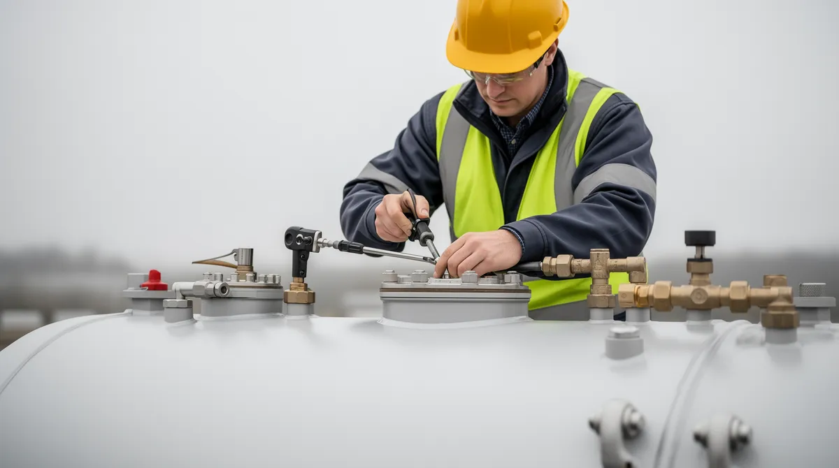 Ein Techniker in Sicherheitsausrüstung arbeitet mit Werkzeugen an einer Öltankkomponente in einer Industrieumgebung.