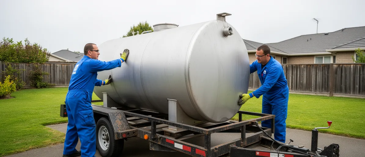 Zwei Umwelttechniker in blauen Overalls laden einen großen Stahltank auf einen Anhänger in einem Wohngebiet.