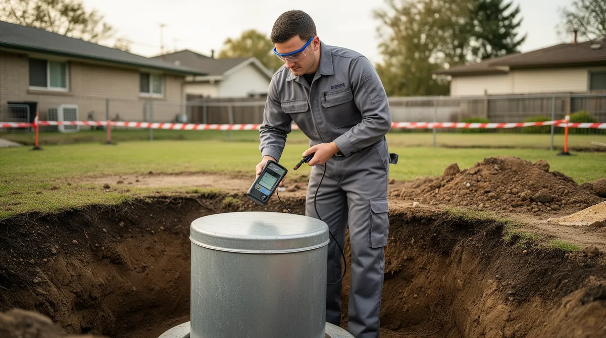 Ein Umwelttechniker in grauer Arbeitskleidung prüft mit einem Handgerät den Boden neben einem Metalltank in einer Baugrube.