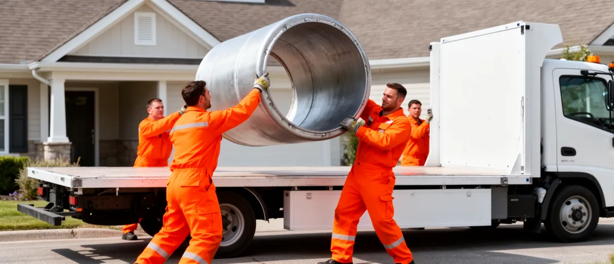 Arbeiter in oranger Schutzbekleidung tragen einen zylindrischen Metalltank zu einem weißen Tieflader vor einem Haus.