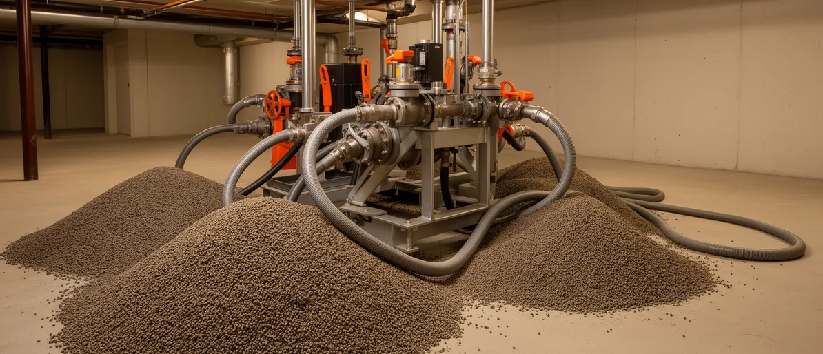 Industrielle Pumpe mit dicken Schläuchen und Granulathaufen auf Betonboden vor Kellerwand.