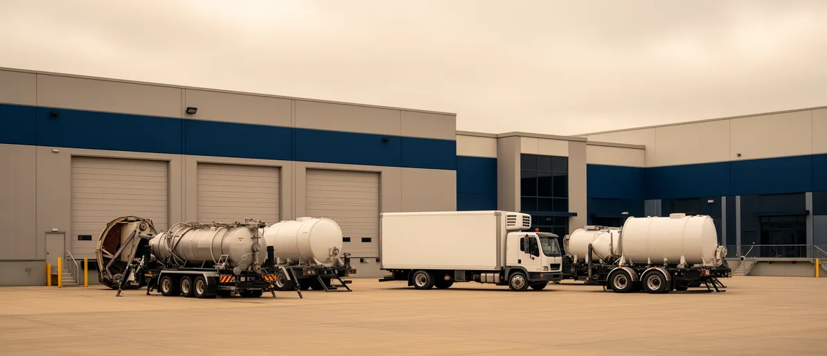 Außenansicht eines Industrie-Lagerhauses mit Rolltoren, Tankentfernungsausrüstung und weißem Transporter.