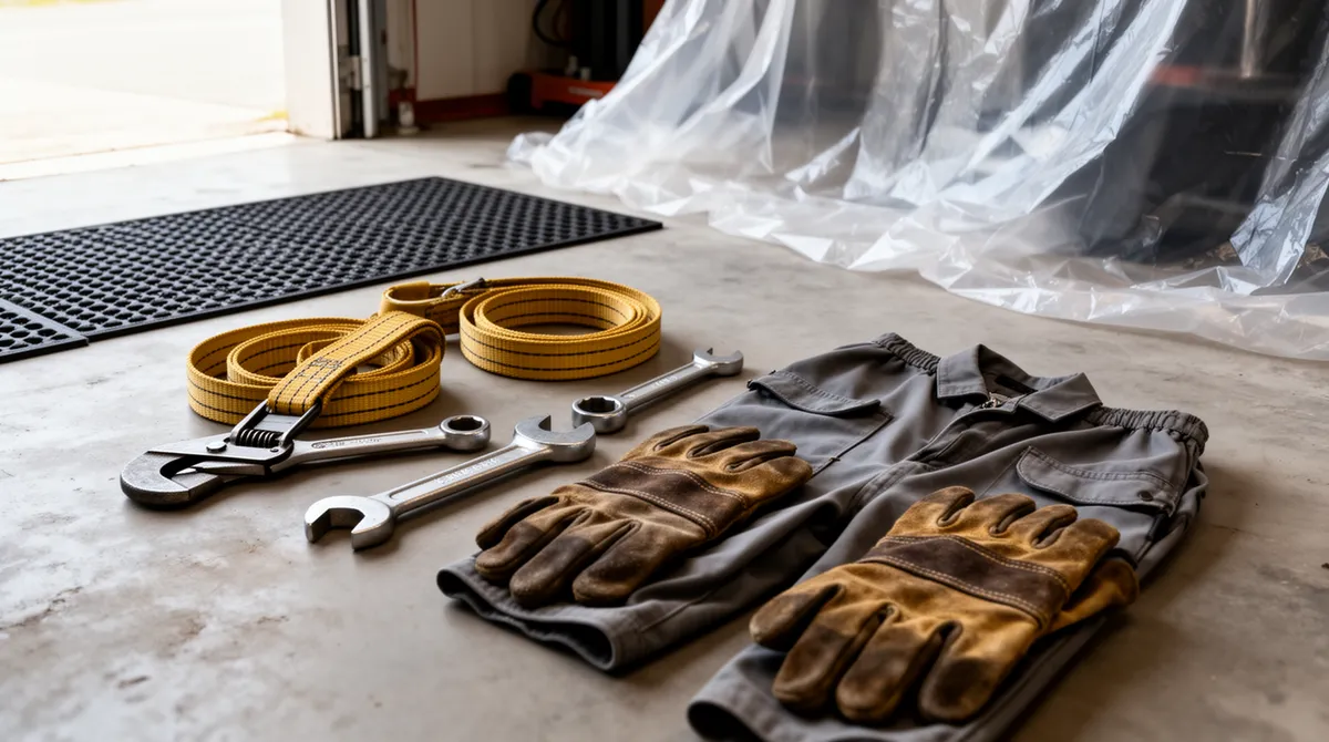 Schwere Hebegurte, Industriewerkzeuge, Schutzanzüge und Planen auf einem Betonboden in einer Garage.