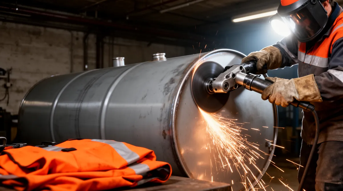 Behandschuhte Hände schneiden mit einem Werkzeug in einen zylindrischen Öltank, Funken sprühen im dunklen Industriekeller.